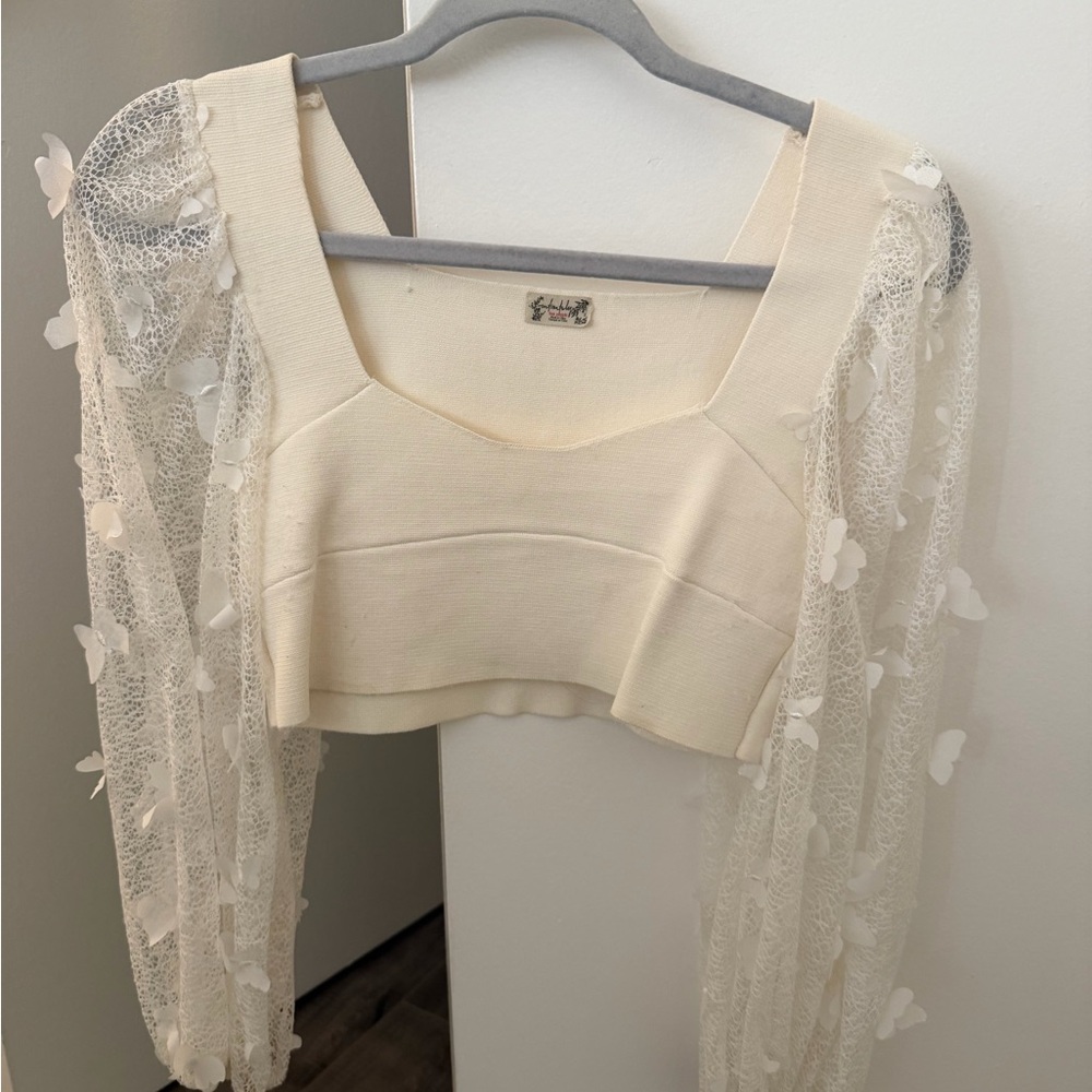 FREE PEOPLE Ivory Square-Neck Crop Top with butterfly sleeves